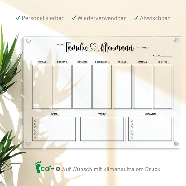 Personalisierbarer Familienwochenplan - Acrylglas Kalender - Wochenkalender - Acryl Planer abwischbar - Organizer in A3 | A2 | A1
