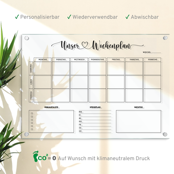 Wochenplaner für 3 Personen - Wochenkalender personalisierbarer - Acryl Planer - Wochenplaner abwischbar - Organizer in A3 | A2 | A1