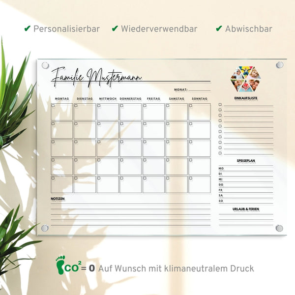 Personalisierbarer Foto Familienplaner - Acrylglas Kalender - großer Wandkalender - Monatsplaner abwischbar in A2 oder A1