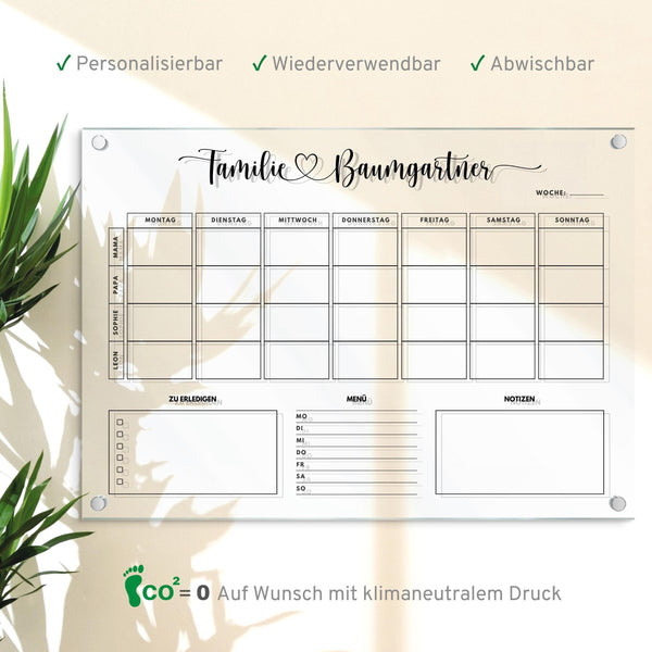 Wochenplaner Familie, Familien Wochenplaner für 4 Personen,  personalisierbarer Acryl Planer für die Wand abwischbar in A3 | A2 | A1