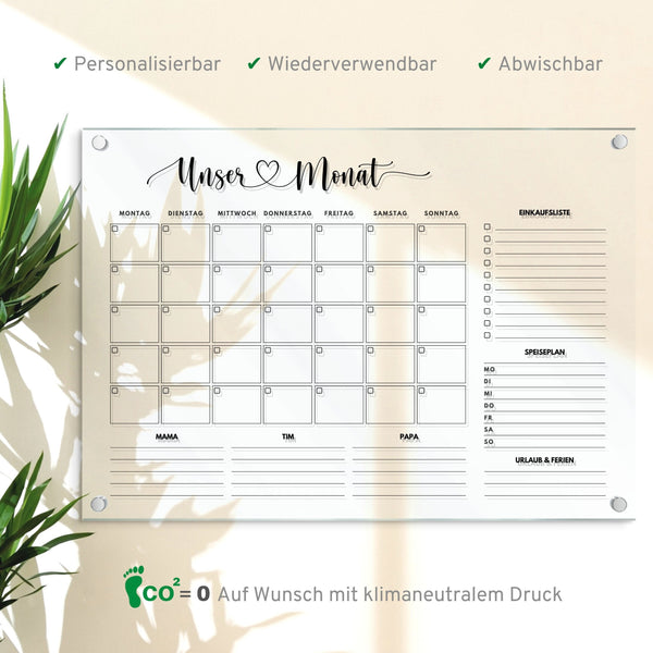 Wandkalender für 3 Personen, Acrylglas Kalender personalisiert, Acryl Planer, Monatsplan, Wochenplan abwischbar, Organizer in A3 | A2 | A1