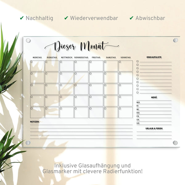 Kalender 2025 - stylische Wanddeko fürs Büro - Monatsplan für die Wand - Acryl Planer abwischbar - Organizer - Einkaufsliste - Speiseplan