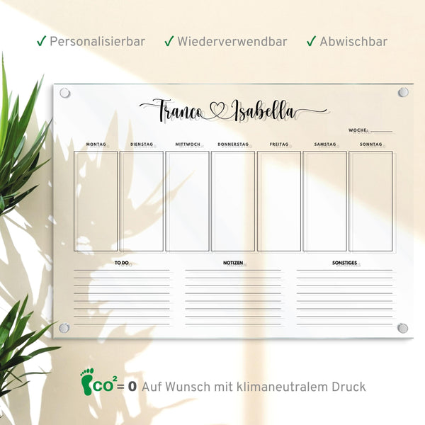 Personalisierter Wochenplan - Acrylglas Wochenkalender abwischbar - Wochenplaner personalisierbar  - Organizer in A3 | A2 | A1