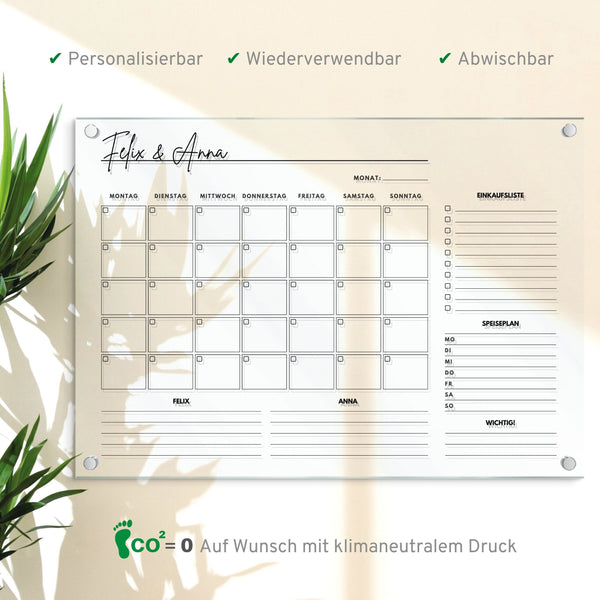 Wandkalender für 2 Personen, Acrylglas Kalender personalisiert, Acryl Planer, Monatsplan, Wochenplan abwischbar, Organizer in A3 | A2 | A1