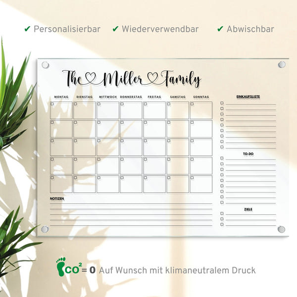 Wandkalender personalisiert, Acrylglas Kalender, Planer mit extra Checklist, Monatsplan, Wochenplan abwischbar, Organizer in A3 | A2 | A1