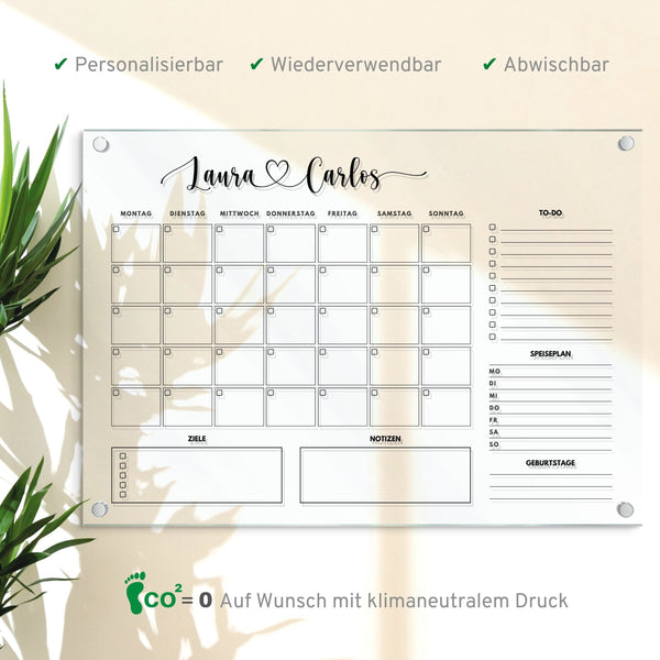 Wandkalender personalisiert, Acrylglas Kalender, Planer mit To-Do Liste, Monatsplan, Wochenplan abwischbar, Organizer in A3 | A2 | A1